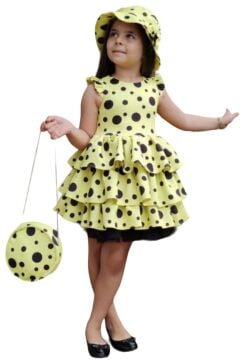 Kız Çocuk Kat Kat Fırfırlı Etek Ucu Tüllü Üzeri Üzeri Benekli Sarı Elbise