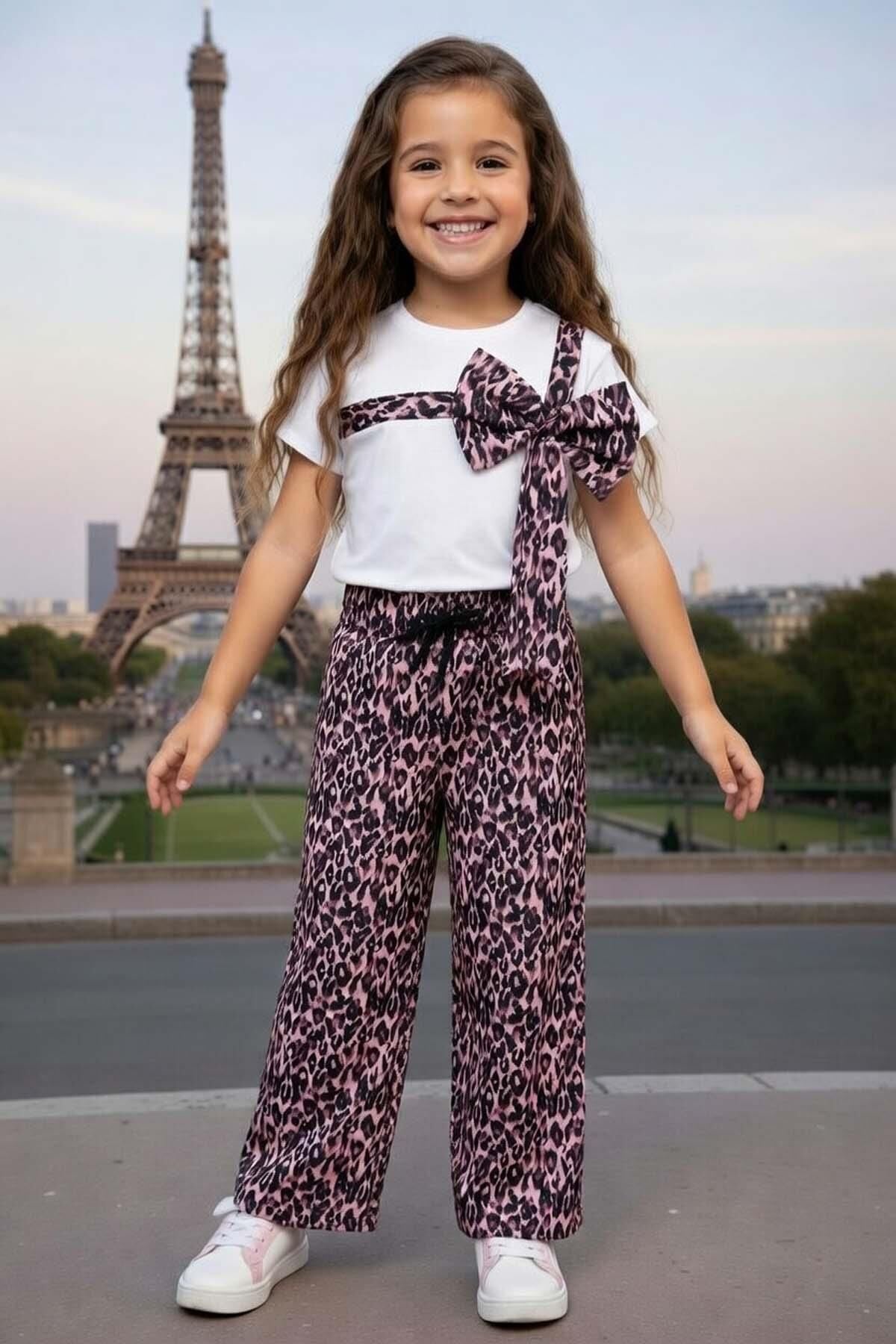 Kız Çocuk Bisiklet Yaka Fiyonk Detaylı T-Shirt Üzeri Boydan Leopar Detaylı Bol Kesim Alt Üst Takım