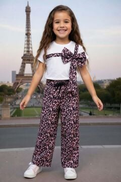 Kız Çocuk Bisiklet Yaka Fiyonk Detaylı T-Shirt Üzeri Boydan Leopar Detaylı Bol Kesim Alt Üst Takım
