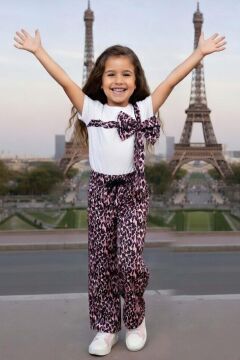 Kız Çocuk Bisiklet Yaka Fiyonk Detaylı T-Shirt Üzeri Boydan Leopar Detaylı Bol Kesim Alt Üst Takım