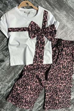 Kız Çocuk Bisiklet Yaka Fiyonk Detaylı T-Shirt Üzeri Boydan Leopar Detaylı Bol Kesim Alt Üst Takım