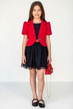 Kız Çocuk Blazer Ceketli, Üzeri Saten Eteği Astarlı ve Simli Kolsuz Elbise