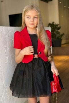 Kız Çocuk Blazer Ceketli, Üzeri Saten Eteği Astarlı ve Simli Kolsuz Elbise