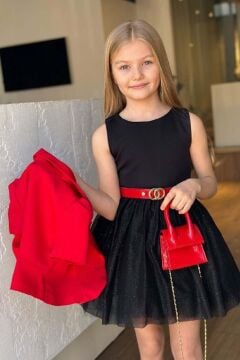 Kız Çocuk Blazer Ceketli, Üzeri Saten Eteği Astarlı ve Simli Kolsuz Elbise