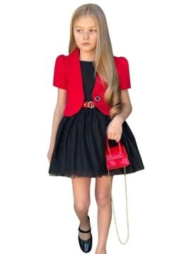 Kız Çocuk Blazer Ceketli, Üzeri Saten Eteği Astarlı ve Simli Kolsuz Elbise