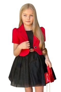 Kız Çocuk Blazer Ceketli, Üzeri Saten Eteği Astarlı ve Simli Kolsuz Elbise