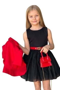 Kız Çocuk Blazer Ceketli, Üzeri Saten Eteği Astarlı ve Simli Kolsuz Elbise