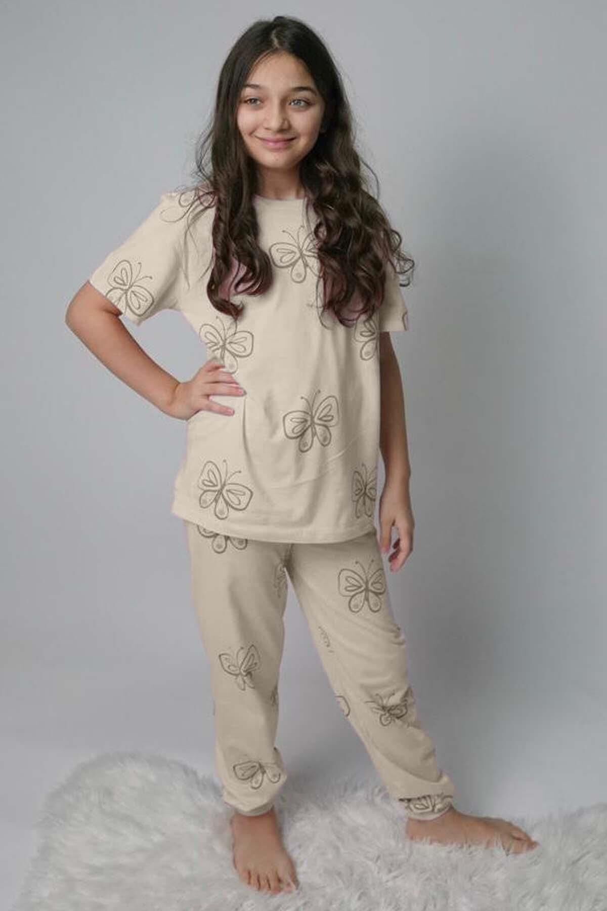 Kız Çocuk Kelebek Desenli T-Shirt Krem Pijama Takımı 8-14 Yaş