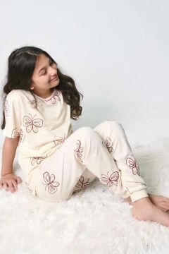 Kız Çocuk Kelebek Desenli T-Shirt Krem Pijama Takımı 8-14 Yaş