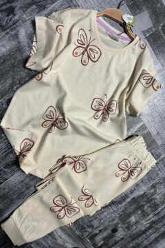 Kız Çocuk Kelebek Desenli T-Shirt Krem Pijama Takımı 8-14 Yaş