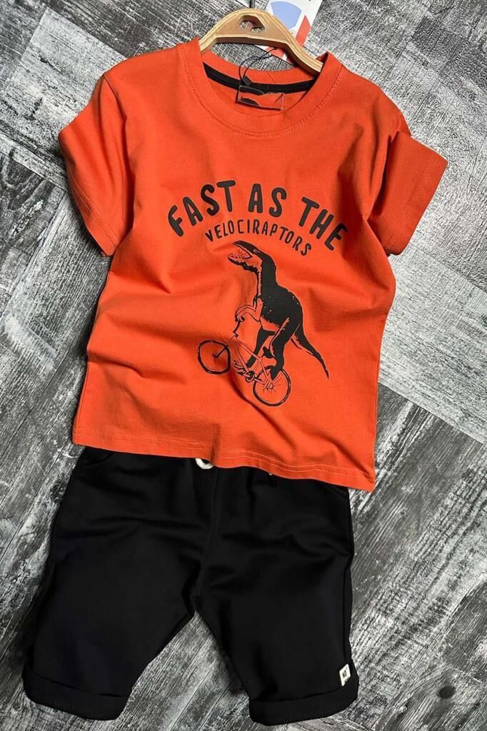 Erkek Çocuk Dinazor ve Bisiklet Baskılı Turuncu T-shirt Penye Şortlu Takım