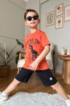 Erkek Çocuk Dinazor ve Bisiklet Baskılı Turuncu T-shirt Penye Şortlu Takım