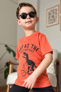 Erkek Çocuk Dinazor ve Bisiklet Baskılı Turuncu T-shirt Penye Şortlu Takım