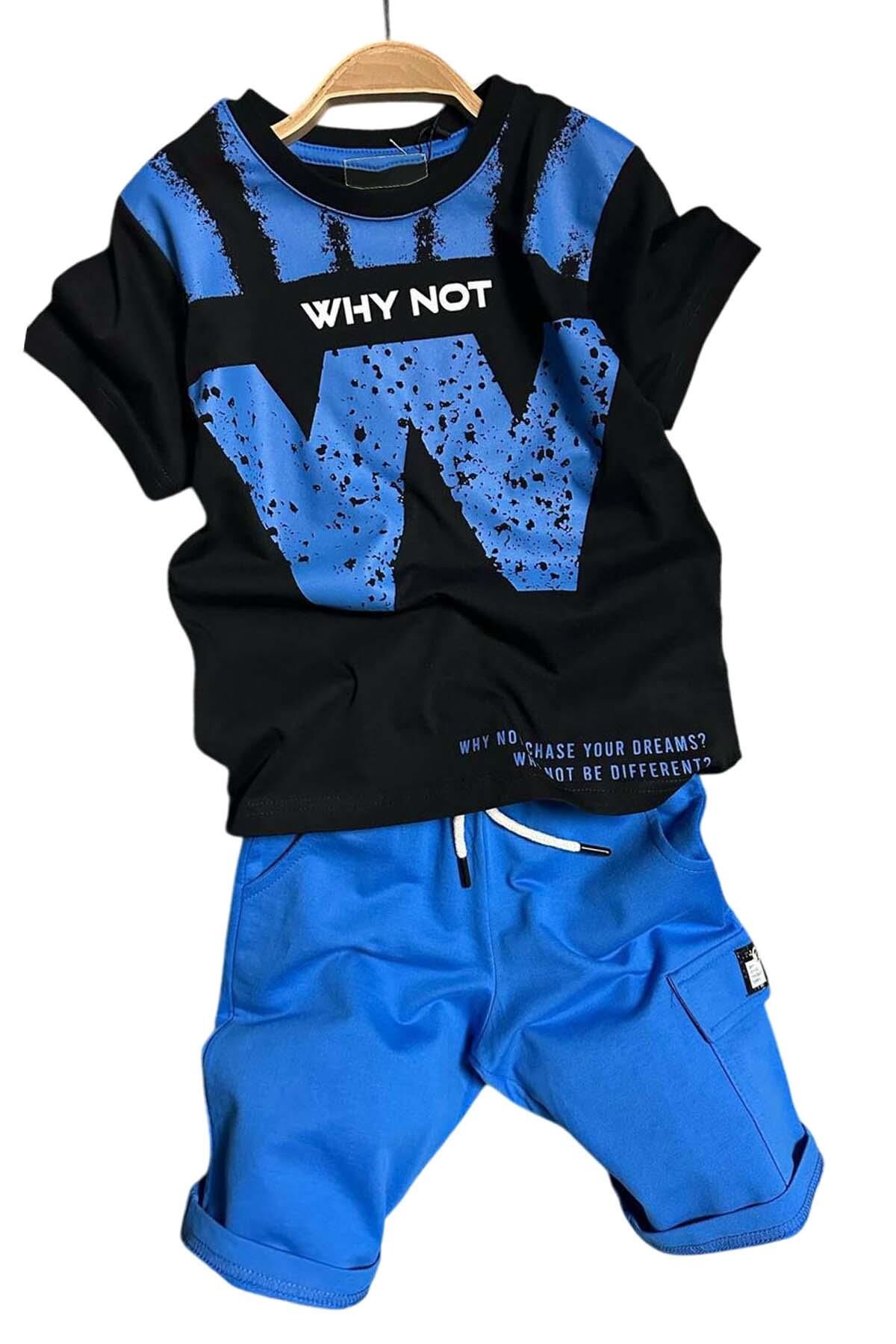 Erkek Çocuk W Harf Why Not Baskılı T-Shirt Mavi Şortlu Takım