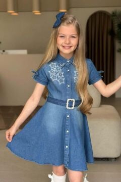 Kız Çocuk Gömlek Yaka Taş Düğmeli Üzeri İnci Yıldız İşlemeli Mavi Kot Elbise
