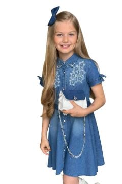 Kız Çocuk Gömlek Yaka Taş Düğmeli Üzeri İnci Yıldız İşlemeli Mavi Kot Elbise