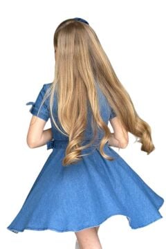 Kız Çocuk Gömlek Yaka Taş Düğmeli Üzeri İnci Yıldız İşlemeli Mavi Kot Elbise