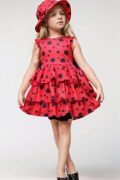 Kız Çocuk Kat Kat Fırfırlı Etek Ucu Tüllü Üzeri Üzeri Benekli Kırmızı Elbise