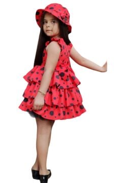 Kız Çocuk Kat Kat Fırfırlı Etek Ucu Tüllü Üzeri Üzeri Benekli Kırmızı Elbise