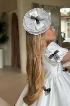 Kız Çocuk Balon Kollu Üzeri Siyah Kurdela Detaylı İçi Astarlı Saten Abiye