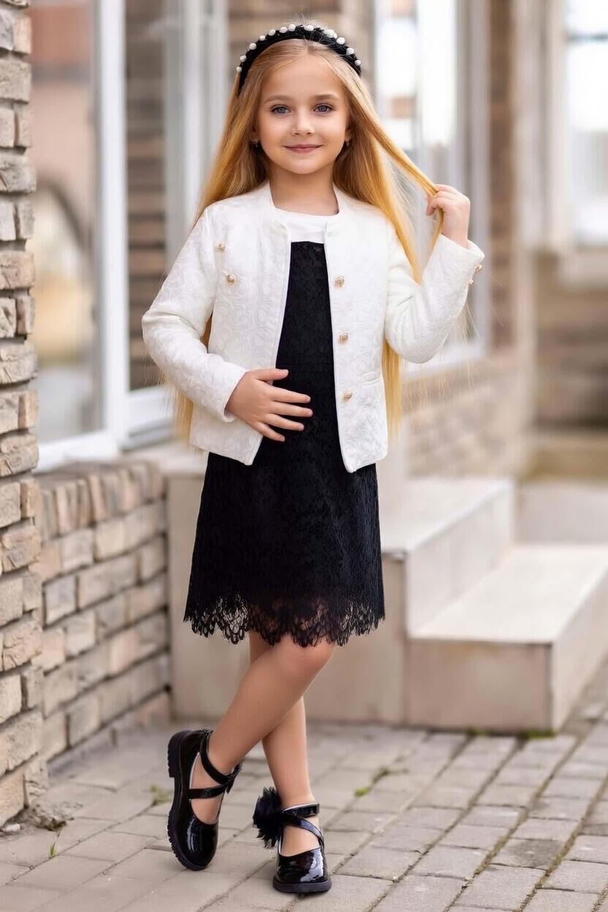 Kız Çocuk Gold Düğmeli Blazer Ceket, Bebe Yakalı Üzeri Boydan Dantel işlemeli Siyah Elbise
