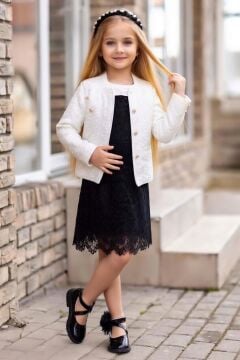 Kız Çocuk Gold Düğmeli Blazer Ceket, Bebe Yakalı Üzeri Boydan Dantel işlemeli Siyah Elbise