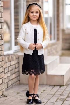 Kız Çocuk Gold Düğmeli Blazer Ceket, Bebe Yakalı Üzeri Boydan Dantel işlemeli Siyah Elbise