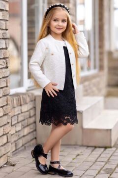 Kız Çocuk Gold Düğmeli Blazer Ceket, Bebe Yakalı Üzeri Boydan Dantel işlemeli Siyah Elbise