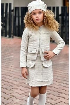 Kız Çocuk Kenarları İnci Taş İşlemeli Triko Ceket Cep Detaylı Ekru Etekli Takım