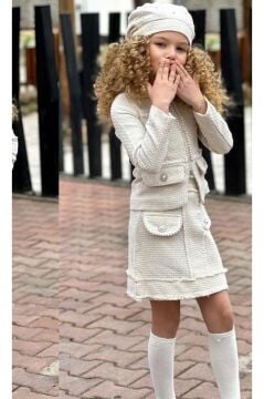 Kız Çocuk Kenarları İnci Taş İşlemeli Triko Ceket Cep Detaylı Ekru Etekli Takım