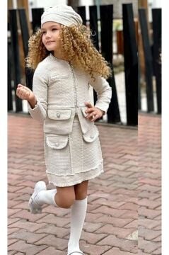 Kız Çocuk Kenarları İnci Taş İşlemeli Triko Ceket Cep Detaylı Ekru Etekli Takım