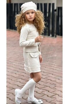 Kız Çocuk Kenarları İnci Taş İşlemeli Triko Ceket Cep Detaylı Ekru Etekli Takım