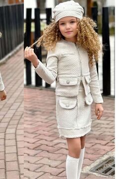 Kız Çocuk Kenarları İnci Taş İşlemeli Triko Ceket Cep Detaylı Ekru Etekli Takım