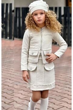 Kız Çocuk Kenarları İnci Taş İşlemeli Triko Ceket Cep Detaylı Ekru Etekli Takım