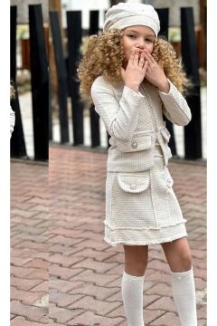 Kız Çocuk Kenarları İnci Taş İşlemeli Triko Ceket Cep Detaylı Ekru Etekli Takım