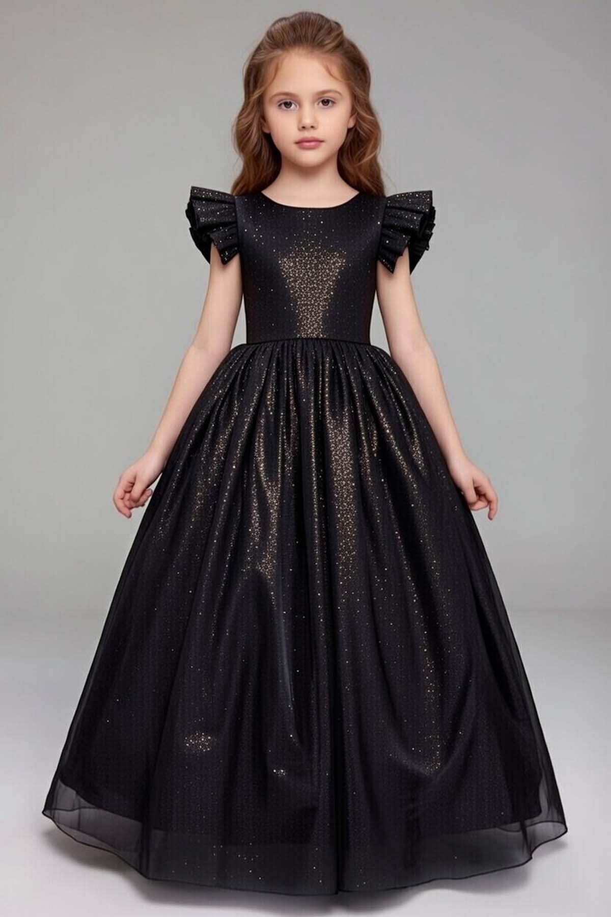 Kız Çocuk Üzeri Simli ve Omuzlar Fırfır Detaylı Kolsuz Siyah Abiye