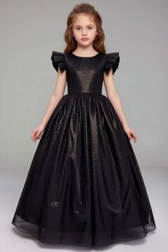 Kız Çocuk Üzeri Simli ve Omuzlar Fırfır Detaylı Kolsuz Siyah Abiye