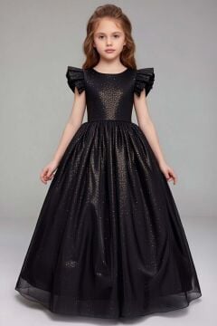 Kız Çocuk Üzeri Simli ve Omuzlar Fırfır Detaylı Kolsuz Siyah Abiye