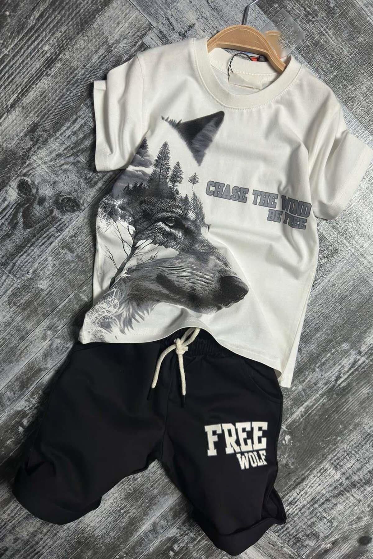 Erkek Çocuk Kurt Ve Free Wolf Yazı Baskılı Siyah Şortlu Takım