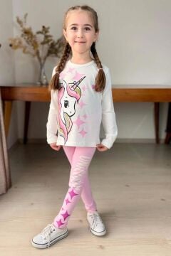 Kız Çocuk Üzeri Yıldız ve Unicorn Baskılı Pembe Taytlı Takım