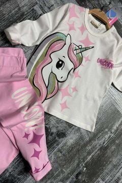 Kız Çocuk Üzeri Yıldız ve Unicorn Baskılı Pembe Taytlı Takım