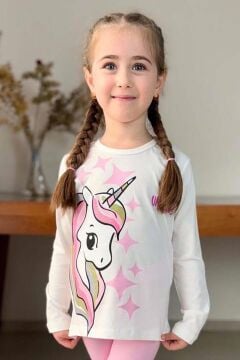 Kız Çocuk Üzeri Yıldız ve Unicorn Baskılı Pembe Taytlı Takım