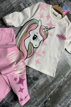 Kız Çocuk Üzeri Yıldız ve Unicorn Baskılı Pembe Taytlı Takım