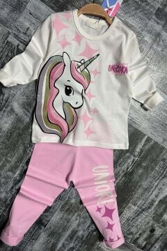 Kız Çocuk Üzeri Yıldız ve Unicorn Baskılı Pembe Taytlı Takım