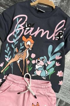 Kız Çocuk Bambi Baskılı Pembe Şortlu Takım