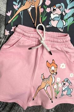 Kız Çocuk Bambi Baskılı Pembe Şortlu Takım