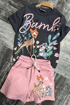 Kız Çocuk Bambi Baskılı Pembe Şortlu Takım