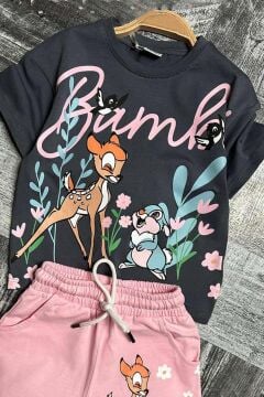 Kız Çocuk Bambi Baskılı Pembe Şortlu Takım