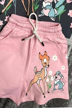Kız Çocuk Bambi Baskılı Pembe Şortlu Takım