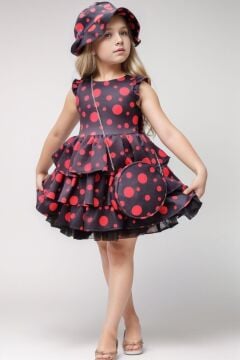 Kız Çocuk Kolları ve Eteği Kat Kat Fırfırlı Üzeri Kırmızı Benekli Elbise
